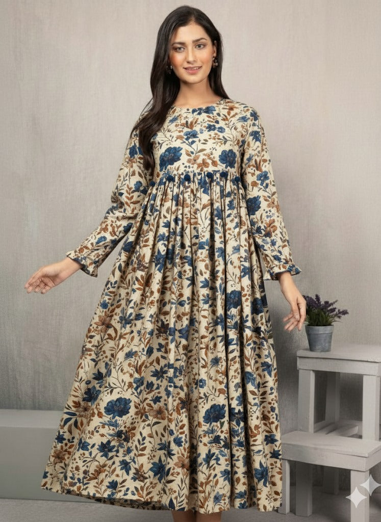 Blue & Brown Floral Frock
